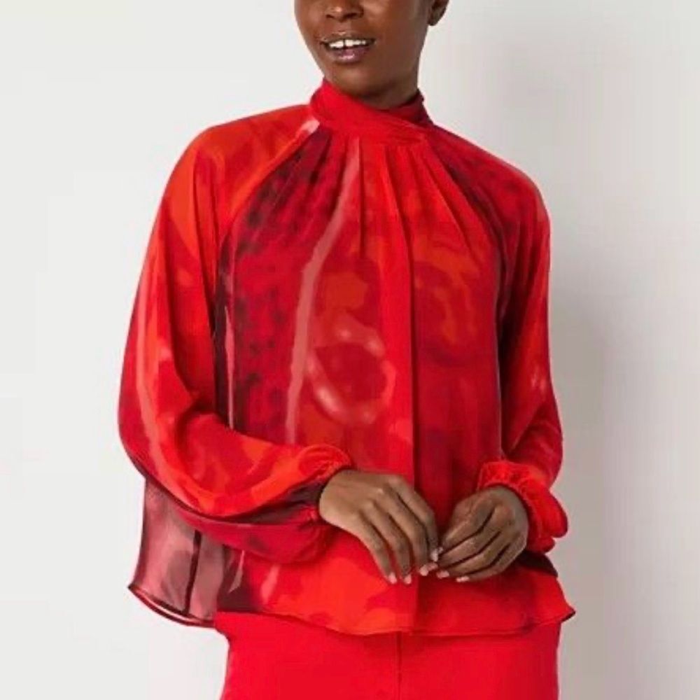 Worthington Long Sleeve Red Sheer Mandarin Collar Top Blouse Petite PXL NWT